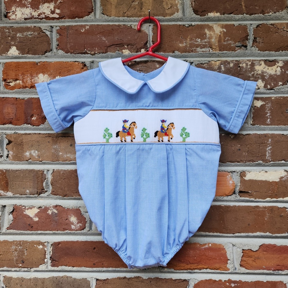 Remember Nguyen Baby One-Piece‎ 24M Blue Gingham Smocked Western Cowboy Horse